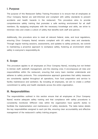 Free Restaurant Safety Training Procedure Template to Edit Online