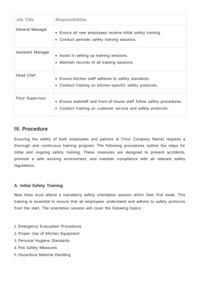 Free Restaurant Safety Training Procedure Template to Edit Online