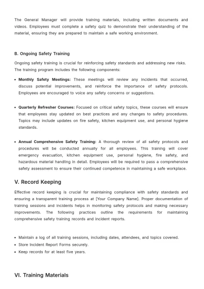 Free Restaurant Safety Training Procedure Template to Edit Online