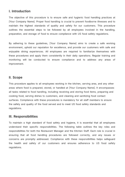Free Restaurant Food Handling Procedure Template to Edit Online