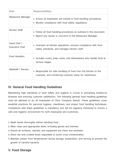 Free Restaurant Food Handling Procedure Template to Edit Online