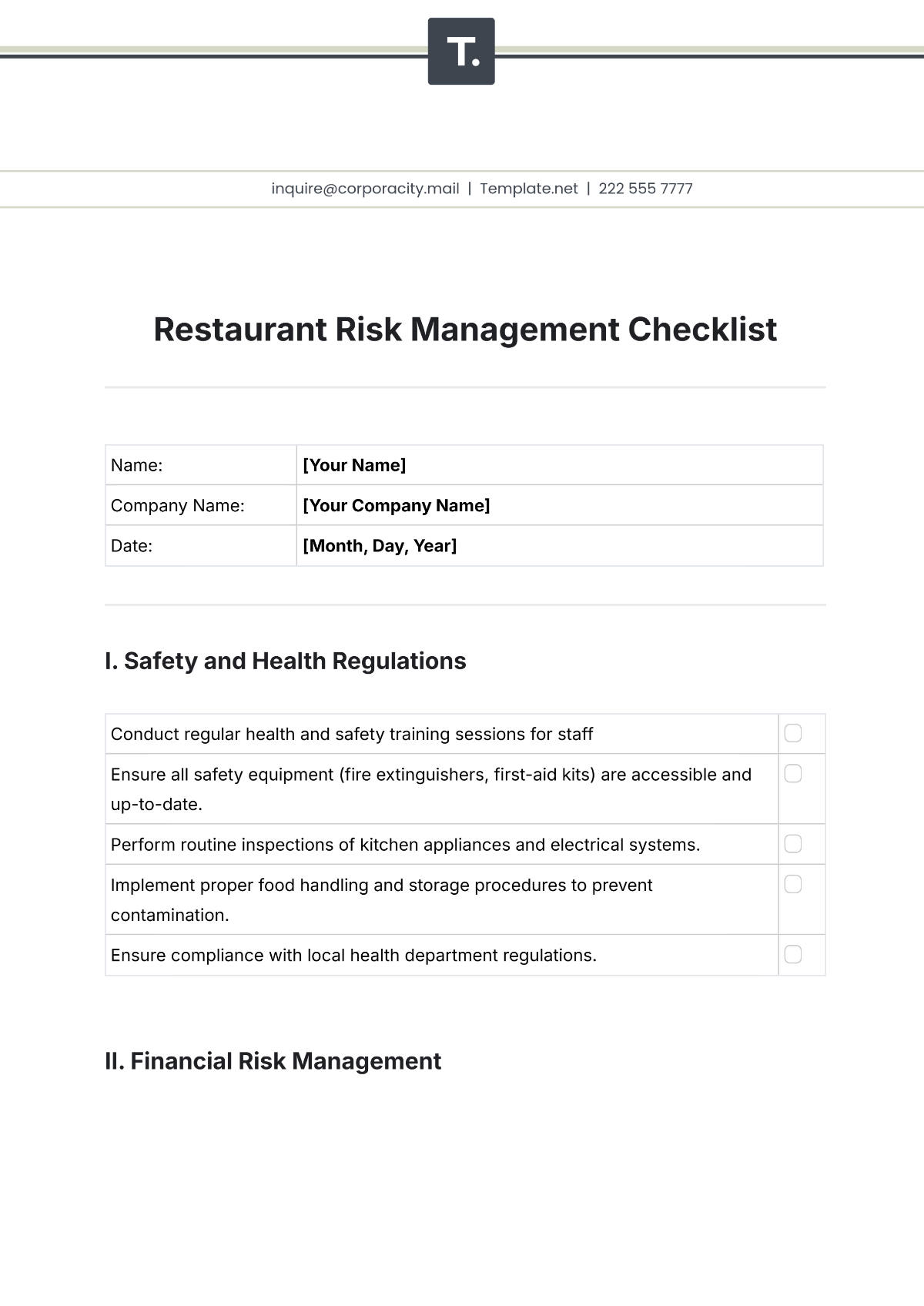 Restaurant Risk Management Checklist Template - Edit Online & Download