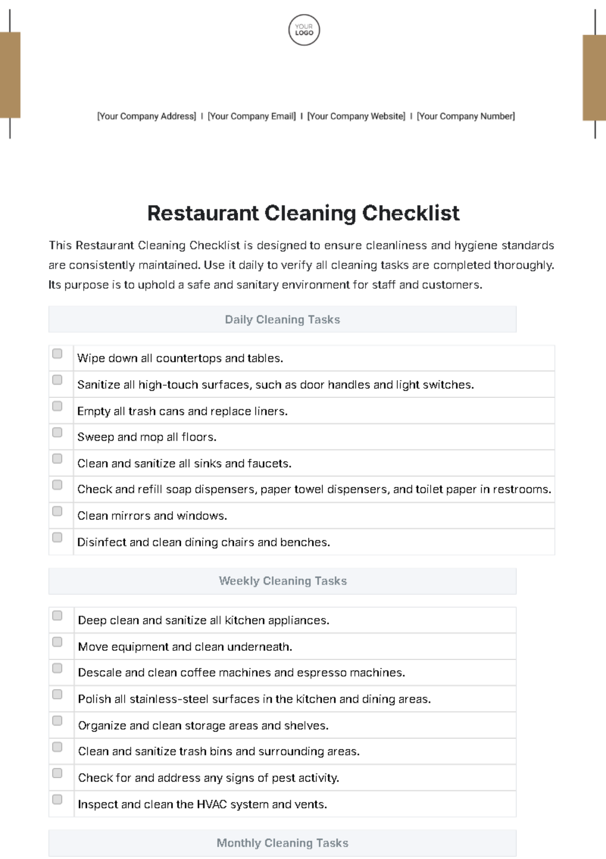 Restaurant Cleaning Checklist Template - Edit Online & Download