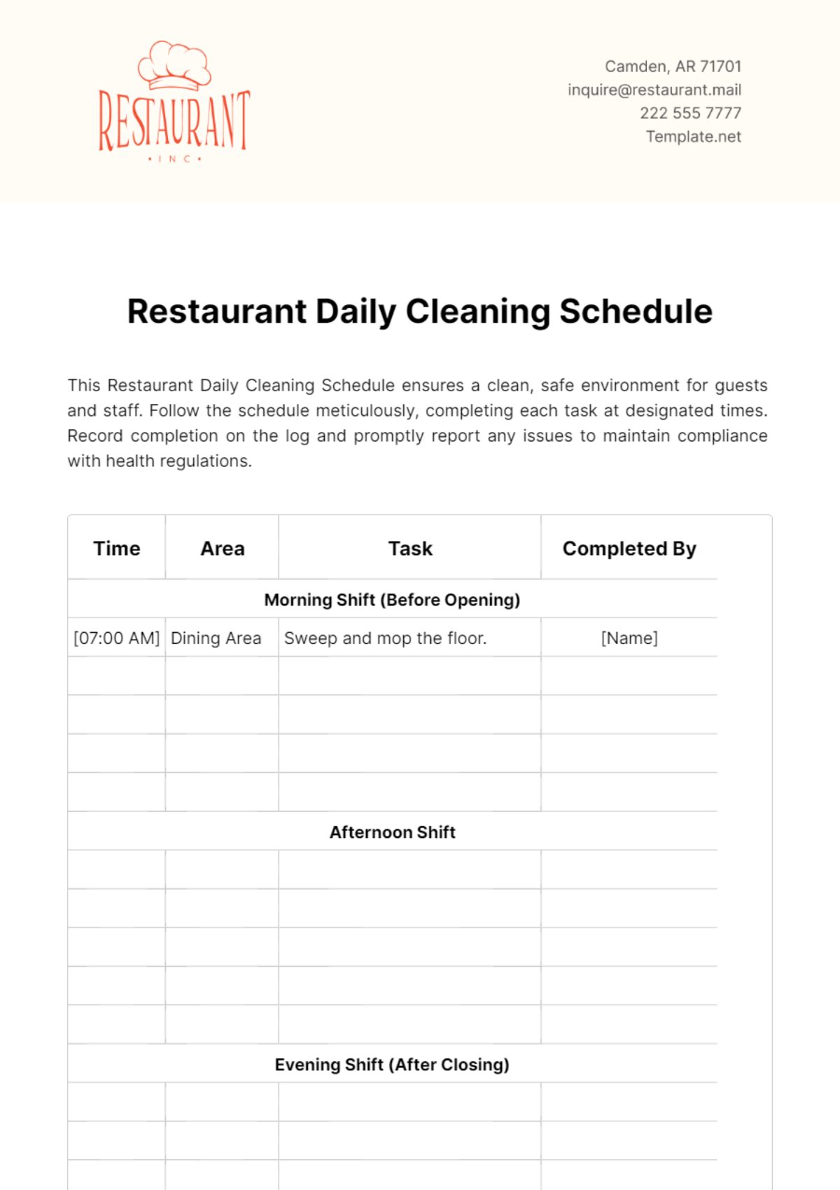 Restaurant Daily Cleaning Schedule Template - Edit Online & Download