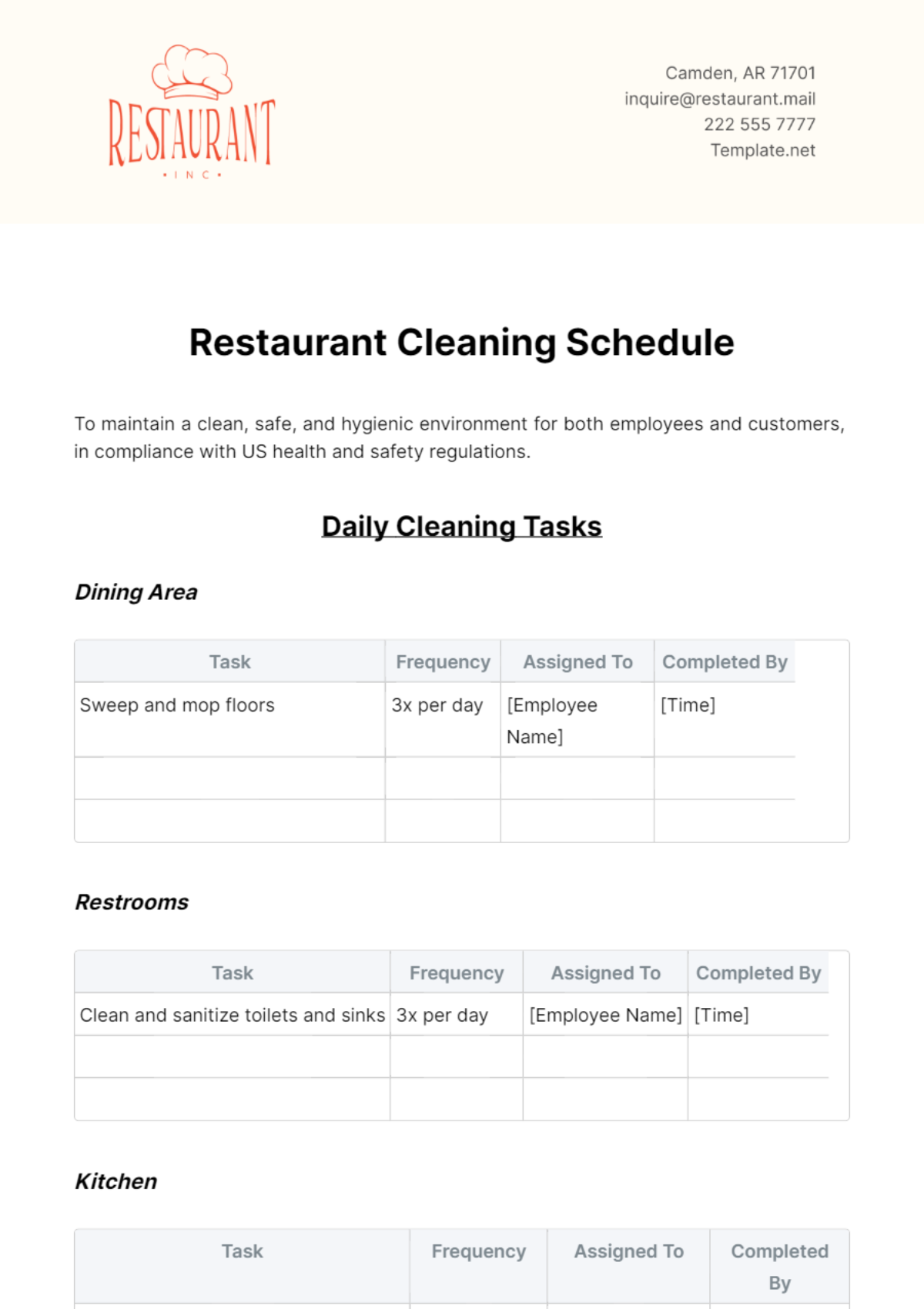 Restaurant Cleaning Schedule Template - Edit Online & Download Example ...