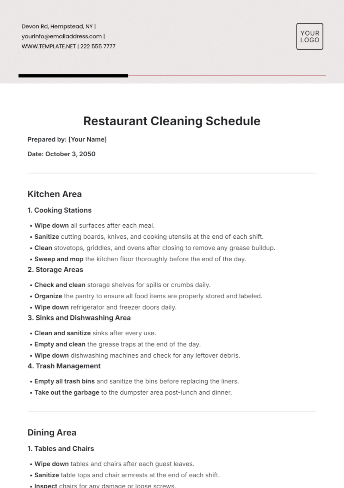 Restaurant Cleaning Schedule Template - Edit Online & Download