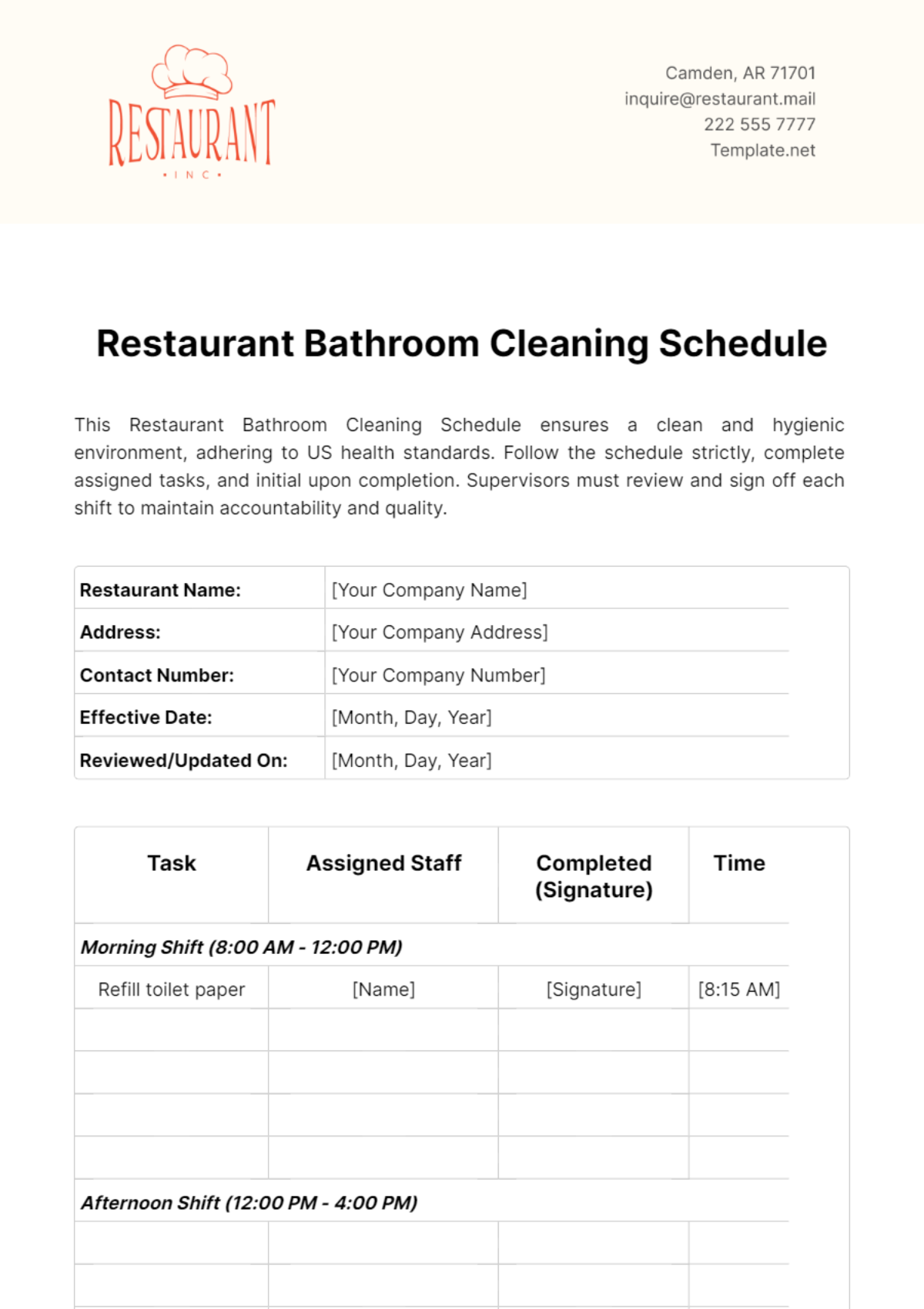 Restaurant Bathroom Cleaning Schedule Template - Edit Online & Download