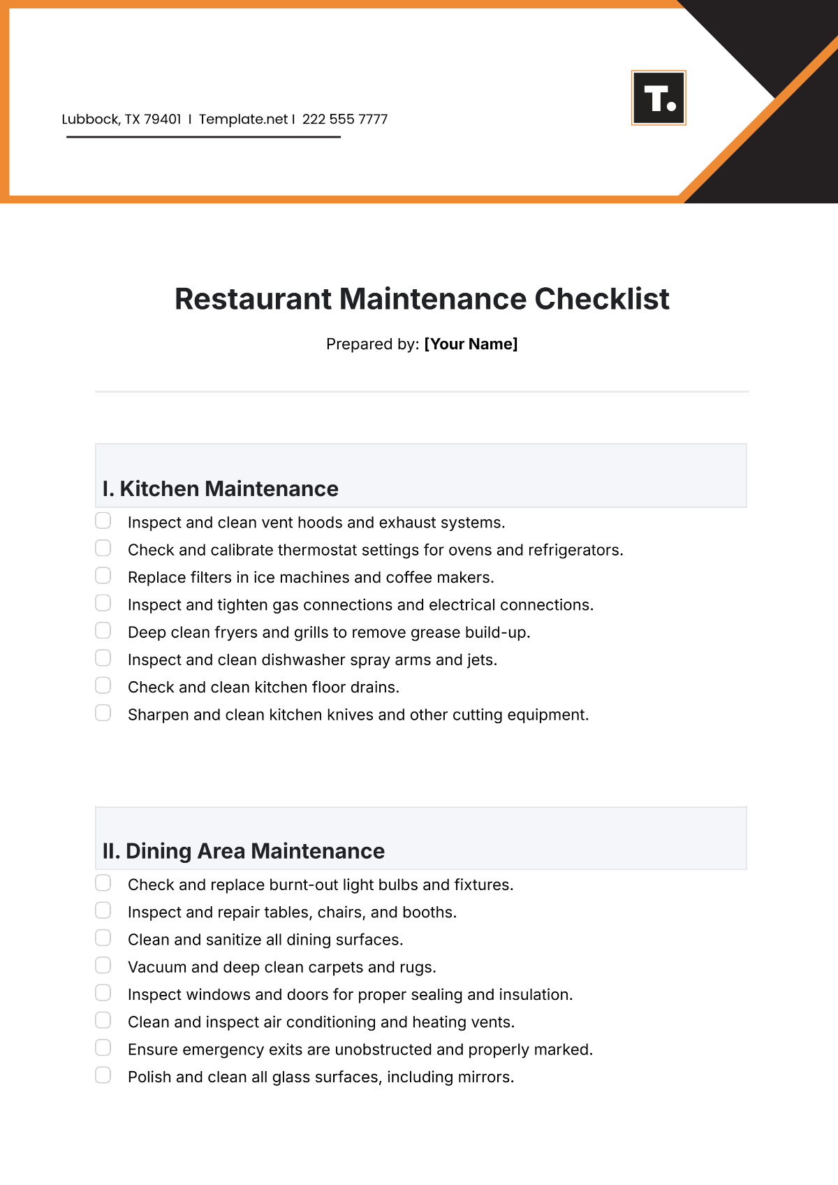 Restaurant Maintenance Checklist Template - Edit Online & Download