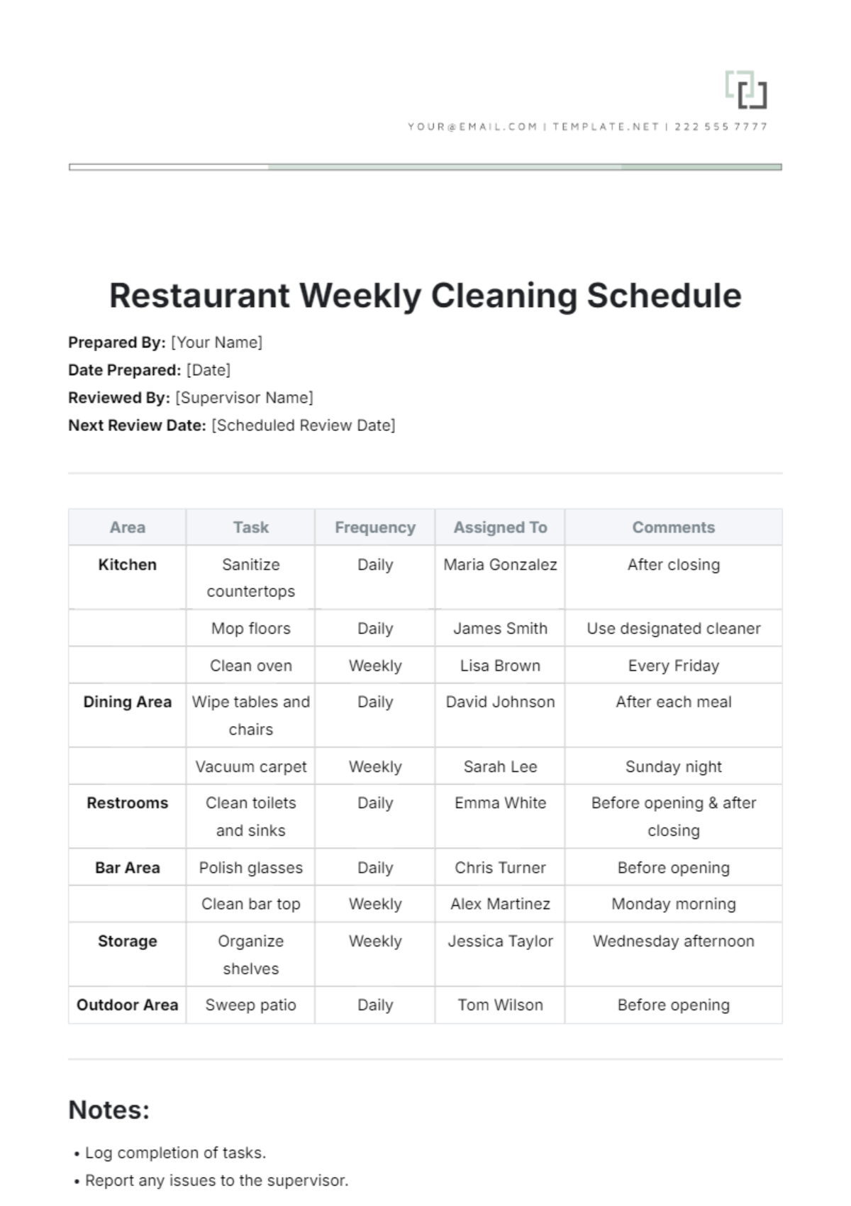 Restaurant Weekly Cleaning Schedule Template - Edit Online & Download