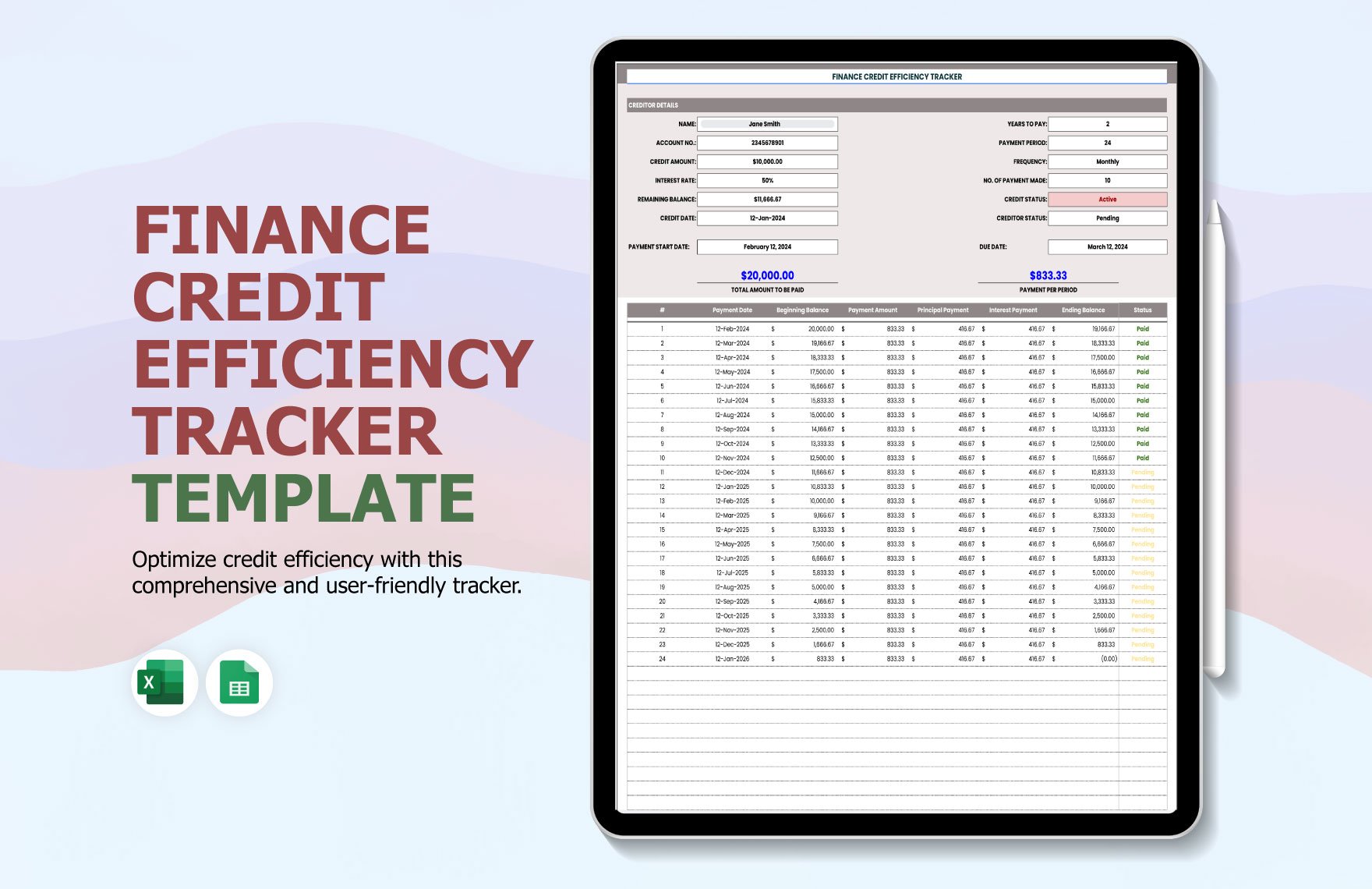 Finance Credit Efficiency Tracker Template in Excel, Google Sheets