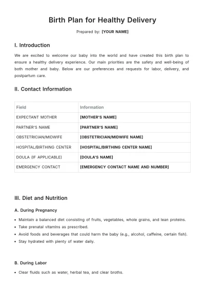 Free Birth Plan For Healthy Delivery Template to Edit Online