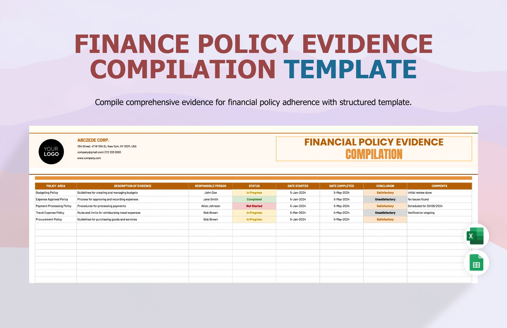 Financial Policy Evidence Compilation Template in Excel, Google Sheets