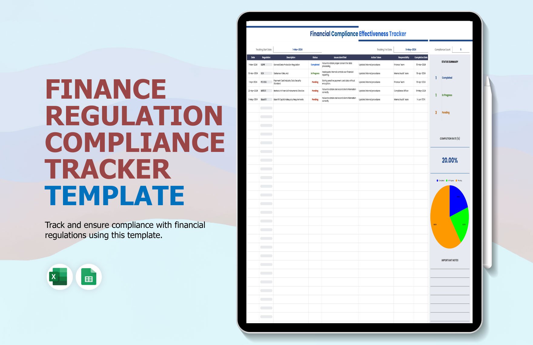 Financial Regulation Compliance Tracker Template in Excel, Google Sheets
