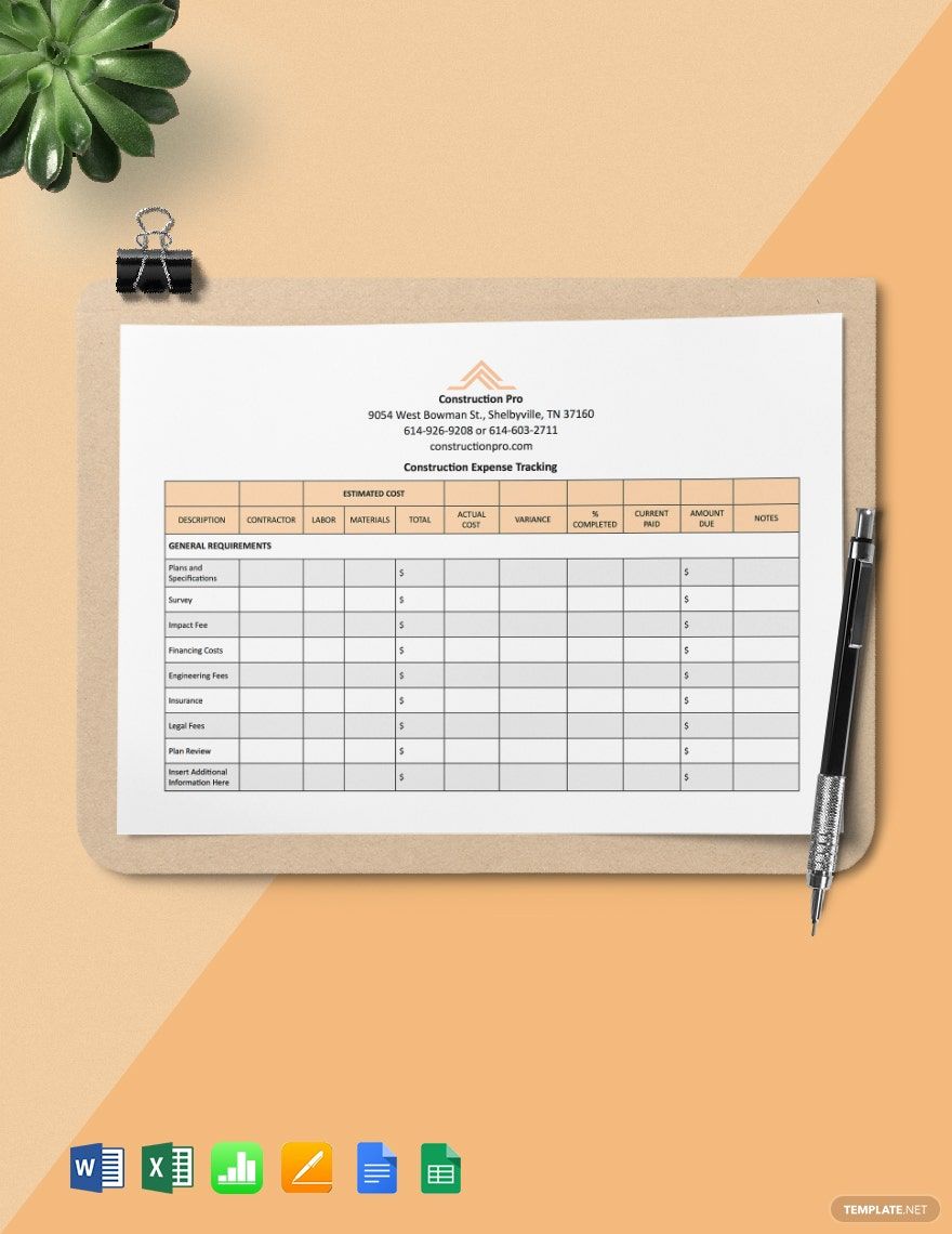 Construction Expense Tracking Template