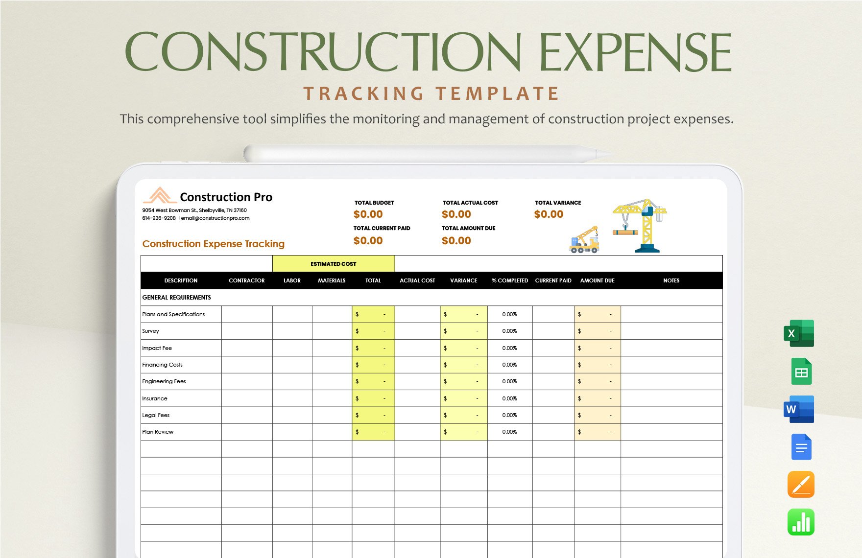 Construction Expense Tracking Template