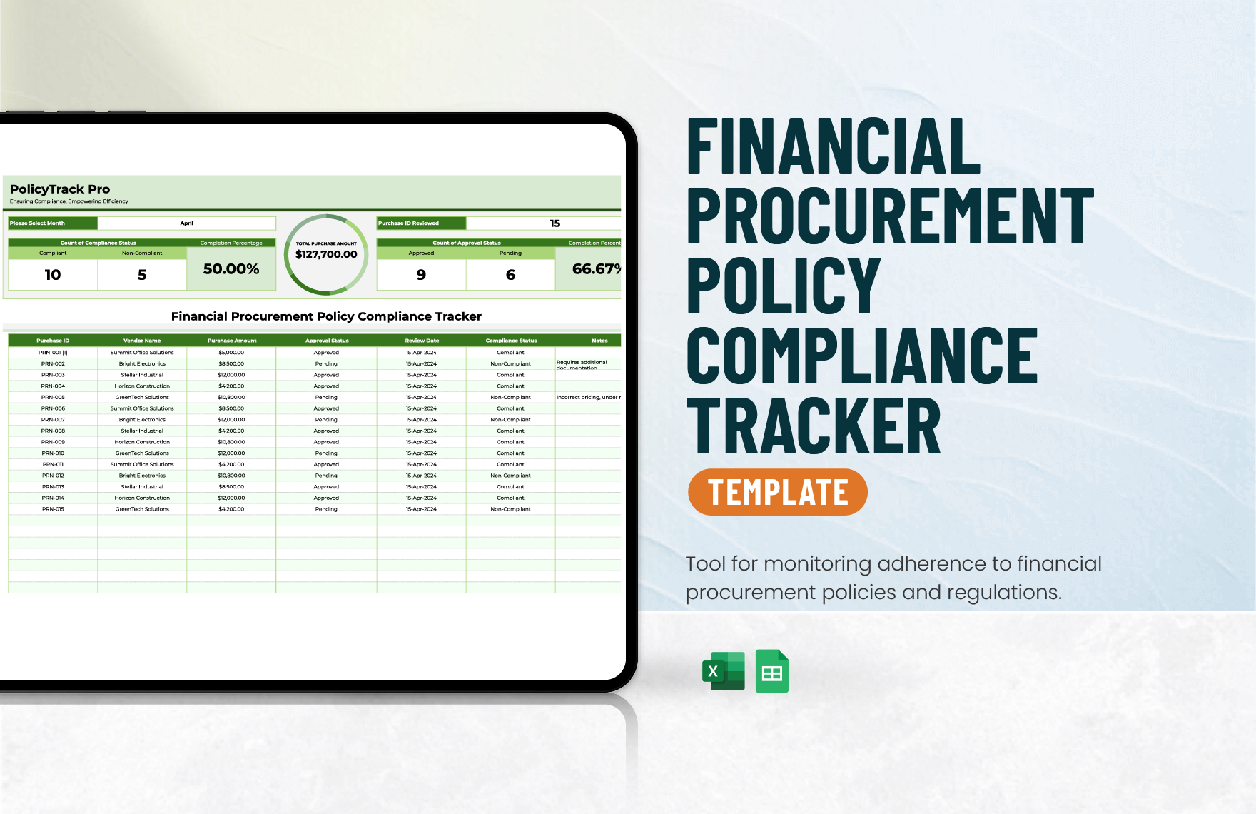 Financial Procurement Policy Compliance Tracker Template in Excel, Google Sheets