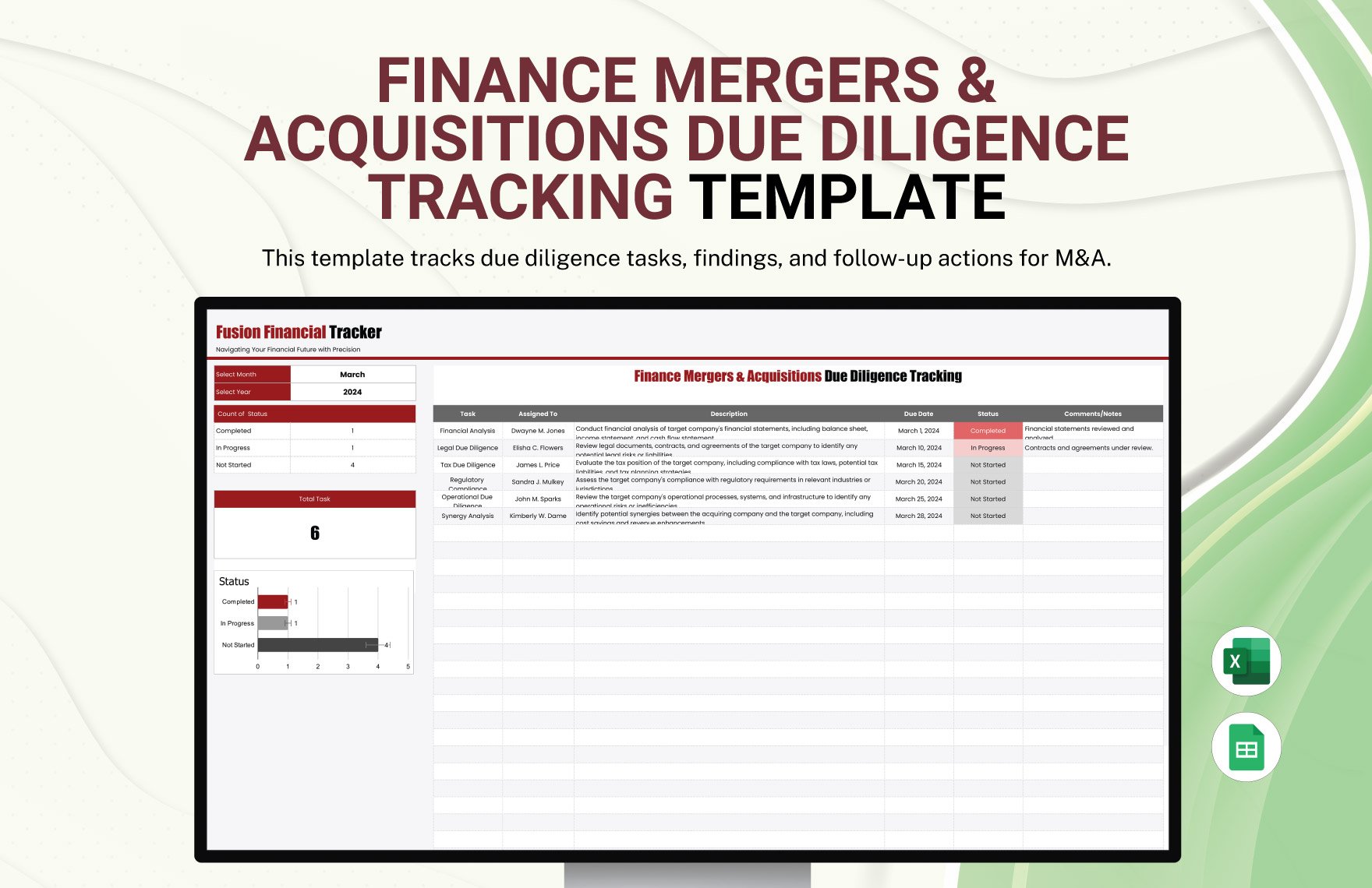 Finance Mergers & Acquisitions Due Diligence Tracking Template in Excel, Google Sheets