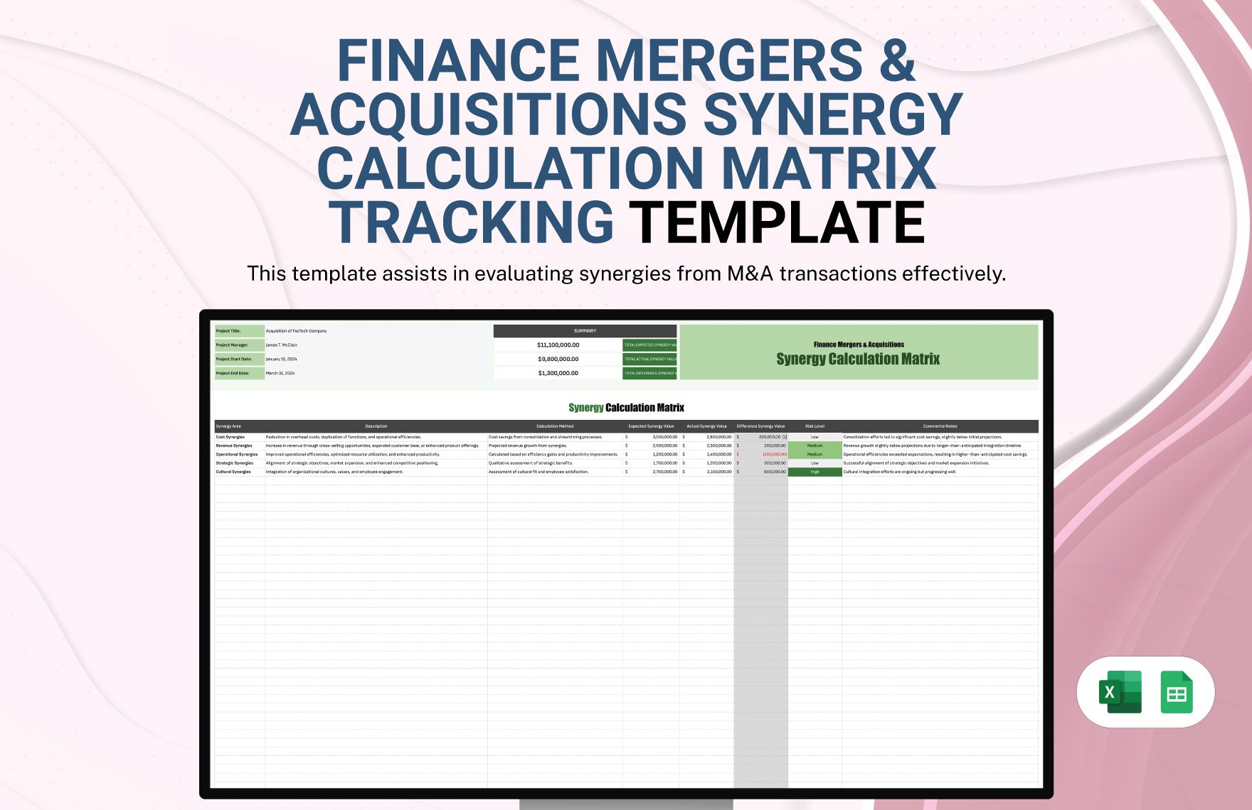 Finance Mergers & Acquisitions Synergy Calculation Matrix Template in Excel, Google Sheets