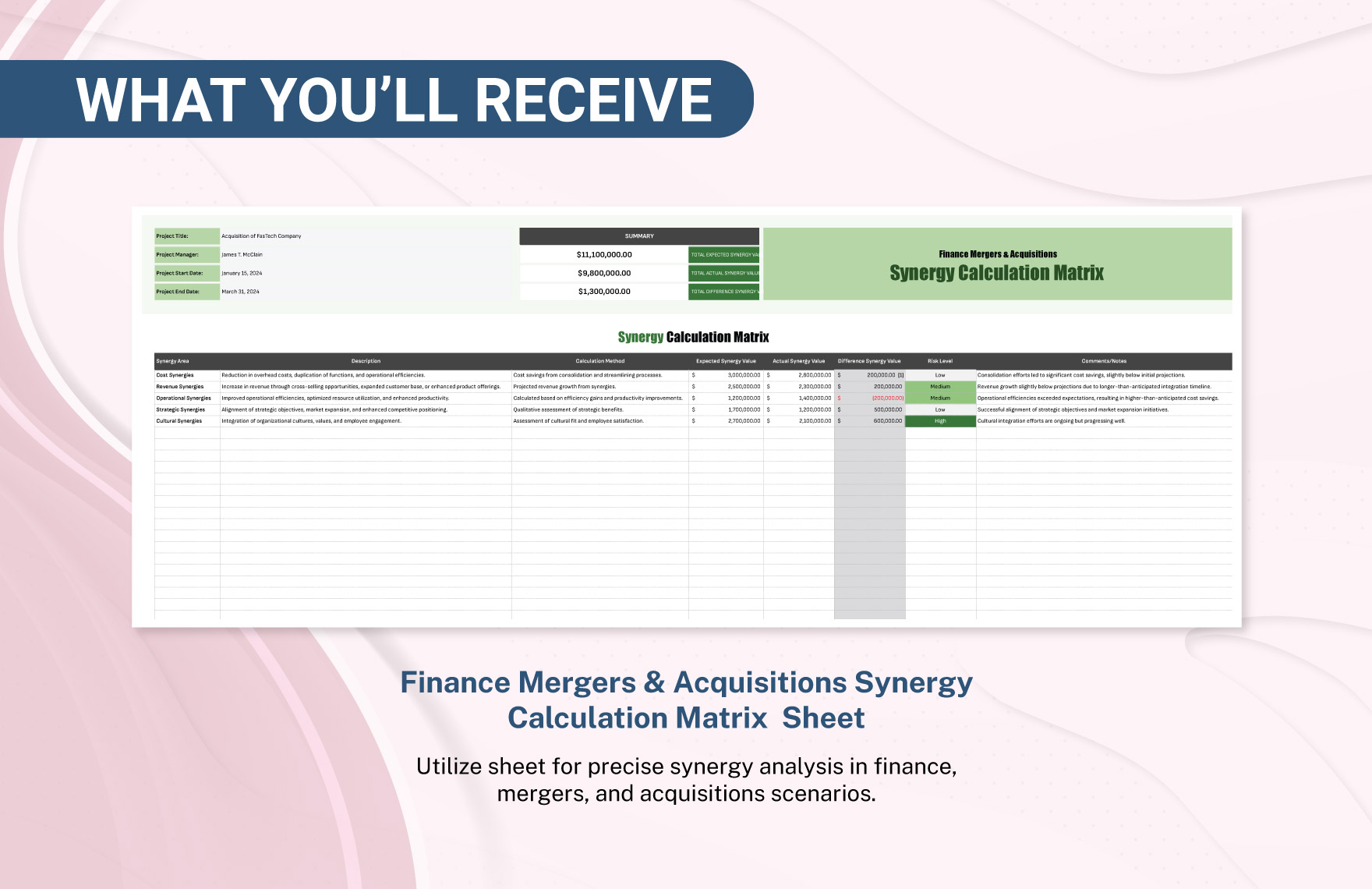 Finance Mergers & Acquisitions Synergy Calculation Matrix Template