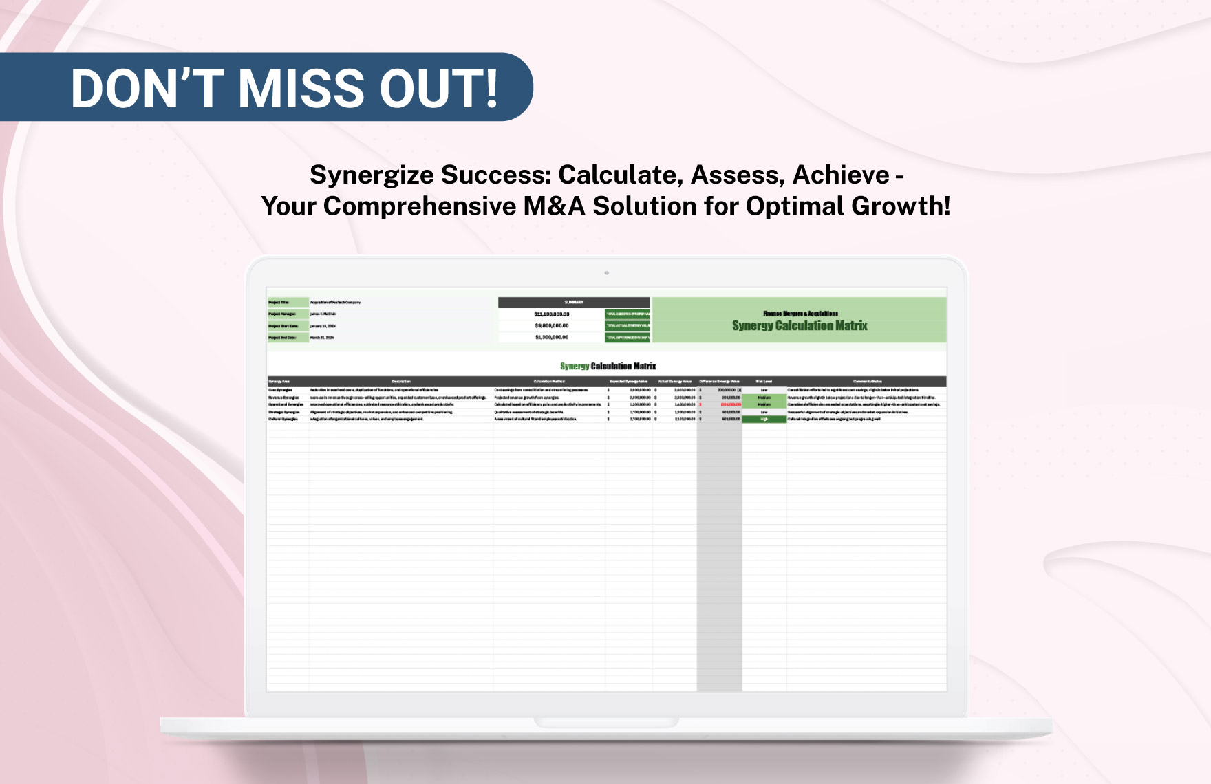 Finance Mergers & Acquisitions Synergy Calculation Matrix Template