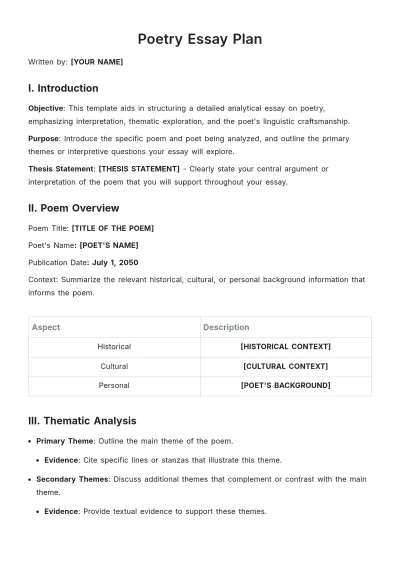 Free Poetry Essay Plan Template to Edit Online