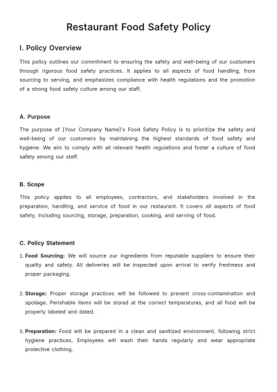 Free Restaurant Food Safety Policy Template to Edit Online