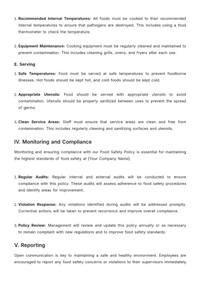 Free Restaurant Food Safety Policy Template to Edit Online