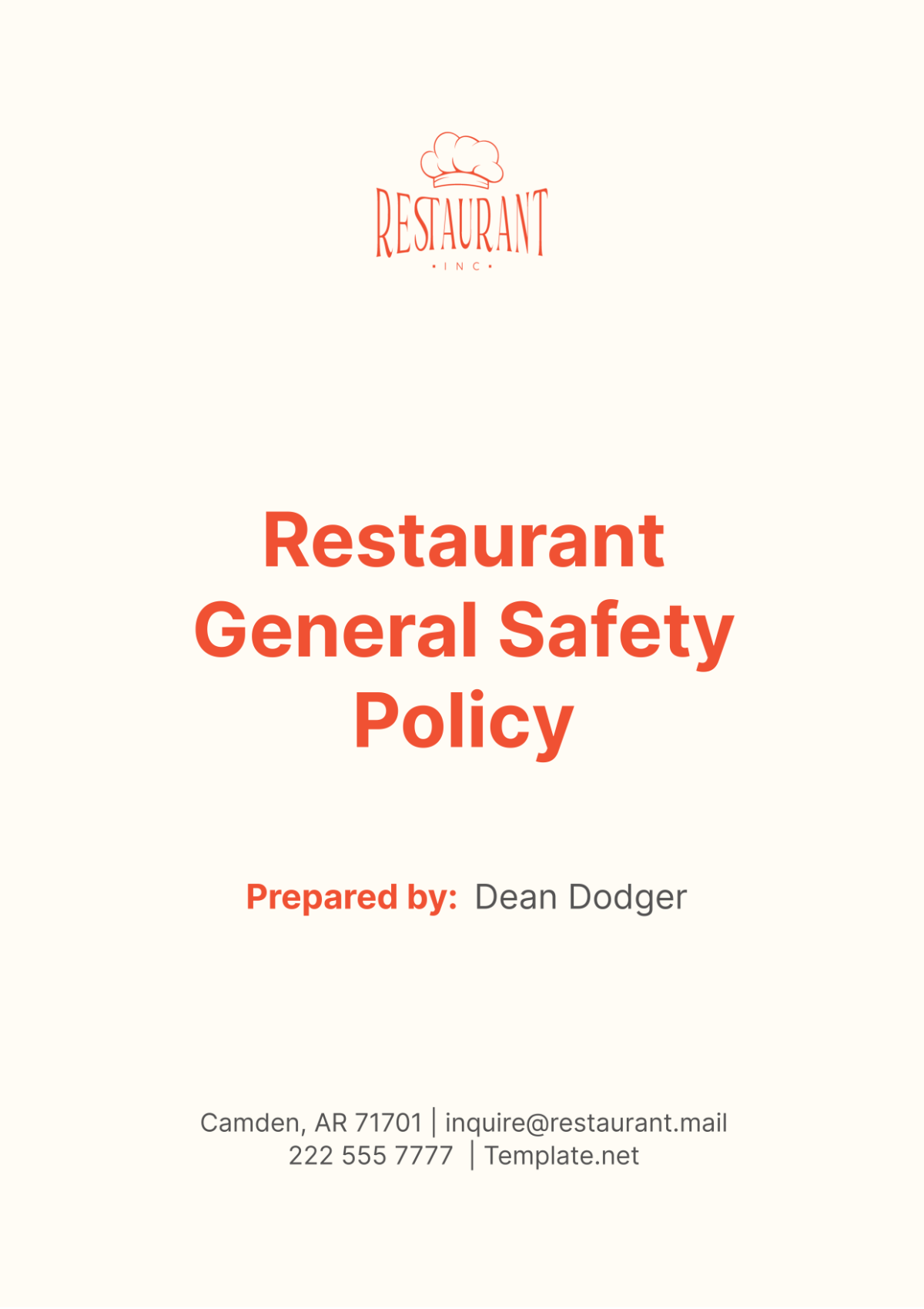 Restaurant General Safety Policy Template - Edit Online & Download