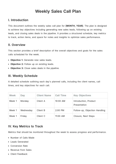 Free Weekly Sales Call Plan Template to Edit Online