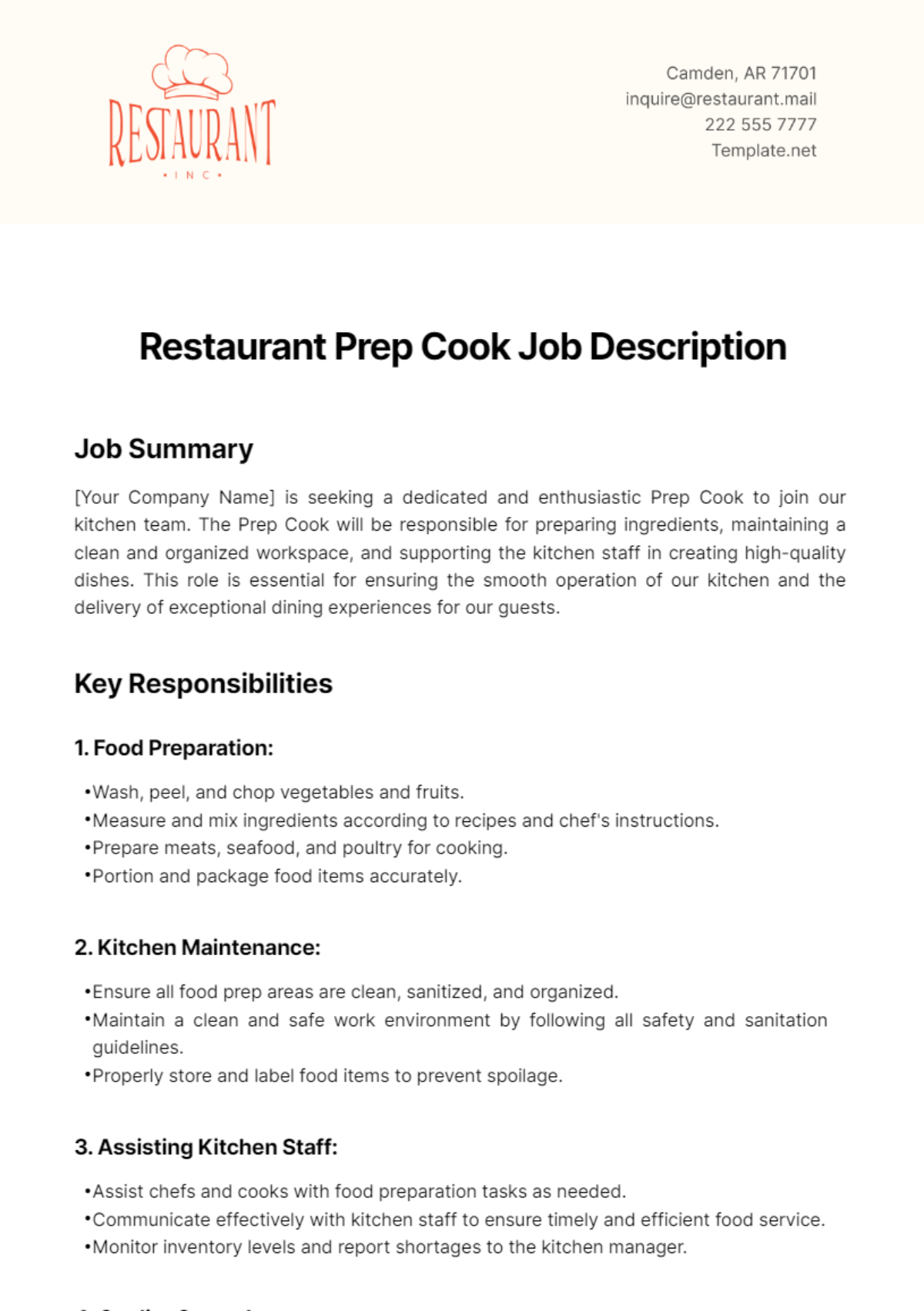 Free Restaurant Prep Cook Job Description Template - Edit Online ...