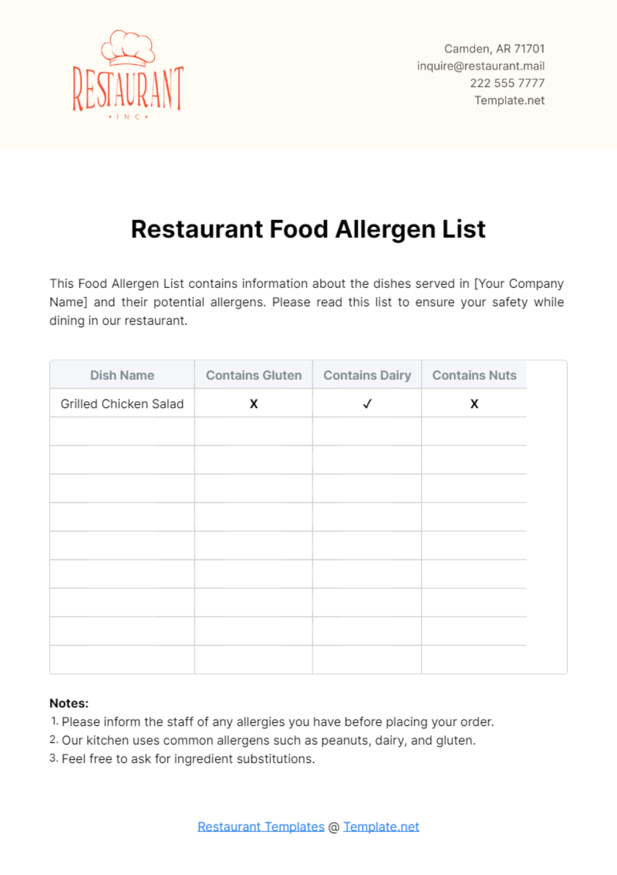 Restaurant Food Allergen List Template - Edit Online & Download