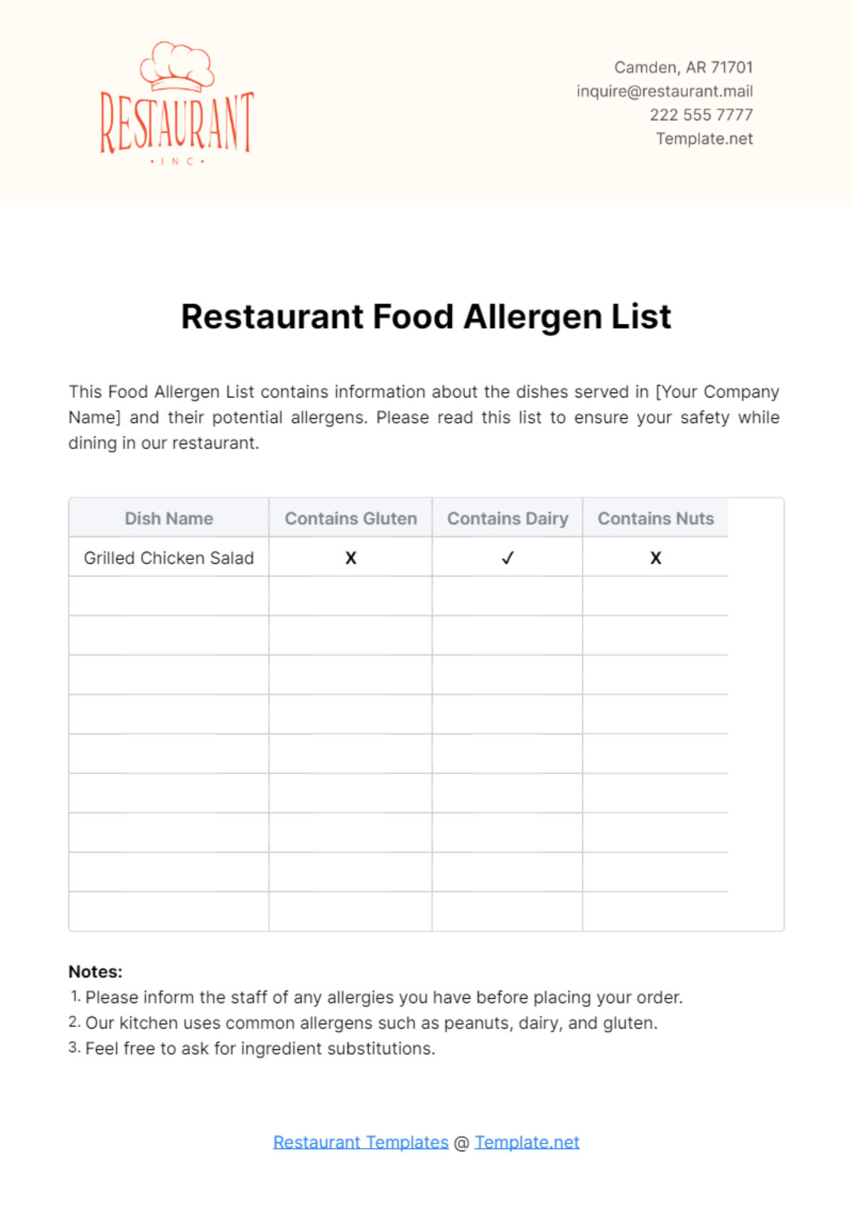 Free Restaurant Food Allergen List Template To Edit Online Free Restaurant Food Allergen List Template To Edit Online
