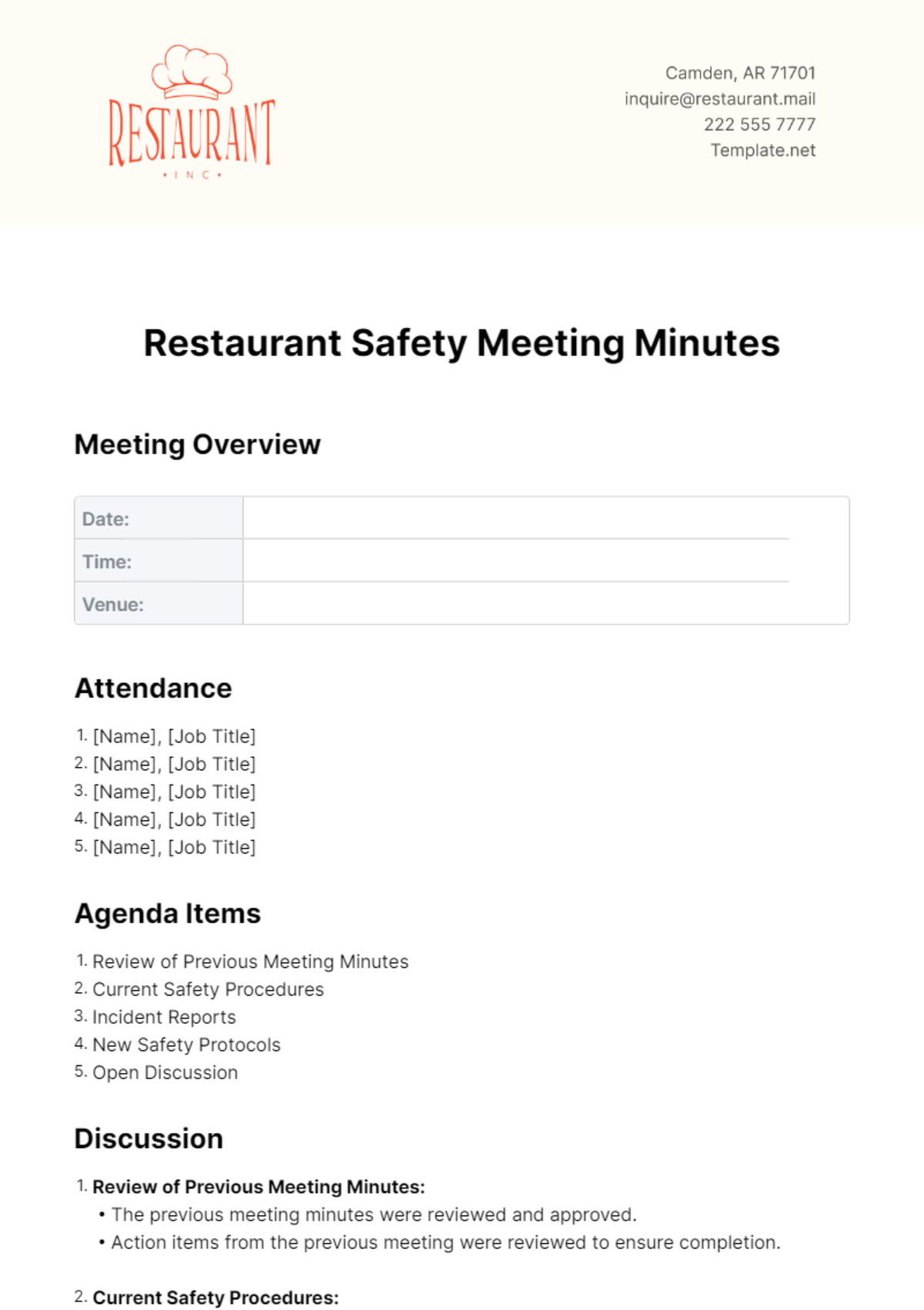 Restaurant Safety Meeting Minutes Template - Edit Online & Download