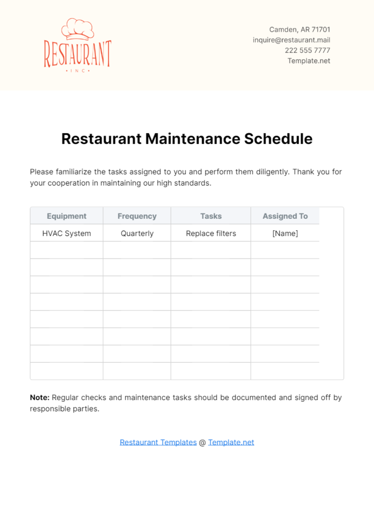 Restaurant Maintenance Schedule Template - Edit Online & Download