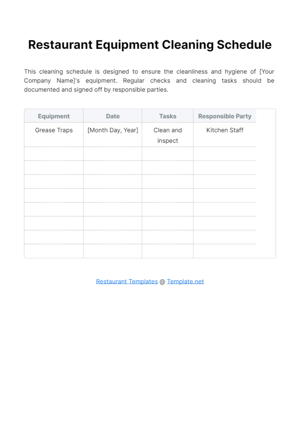 Restaurant Equipment Cleaning Schedule Template - Edit Online & Download