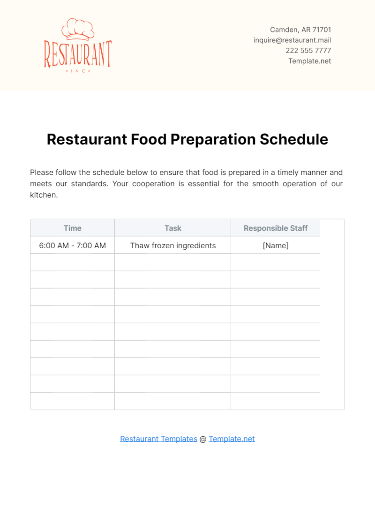 Restaurant Food Preparation Schedule Template - Edit Online & Download