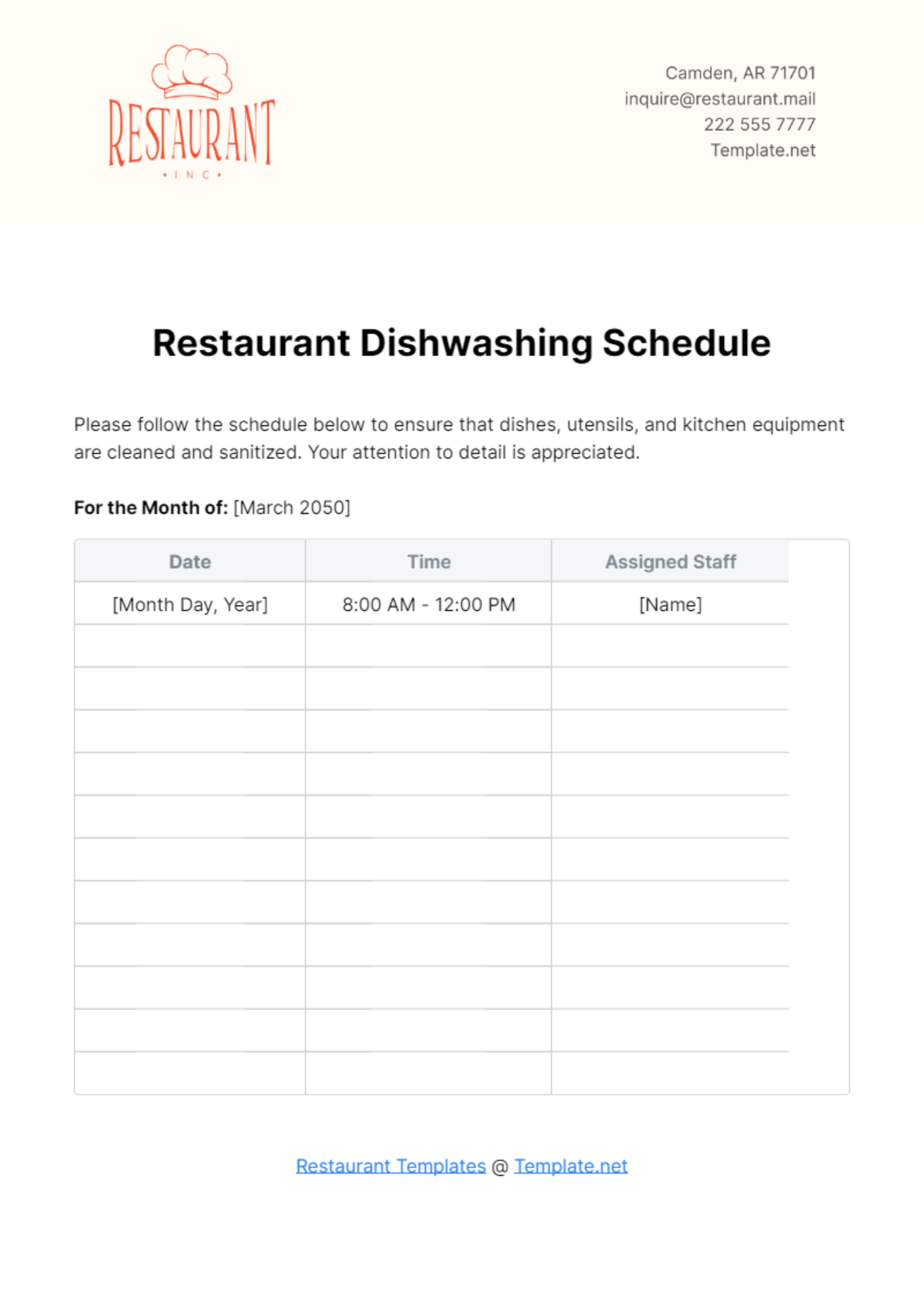 Restaurant Dishwashing Schedule Template - Edit Online & Download