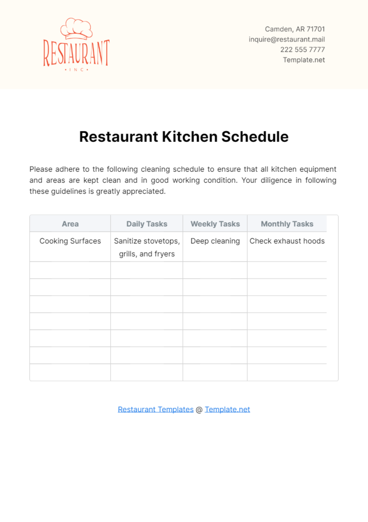 Restaurant Kitchen Schedule Template