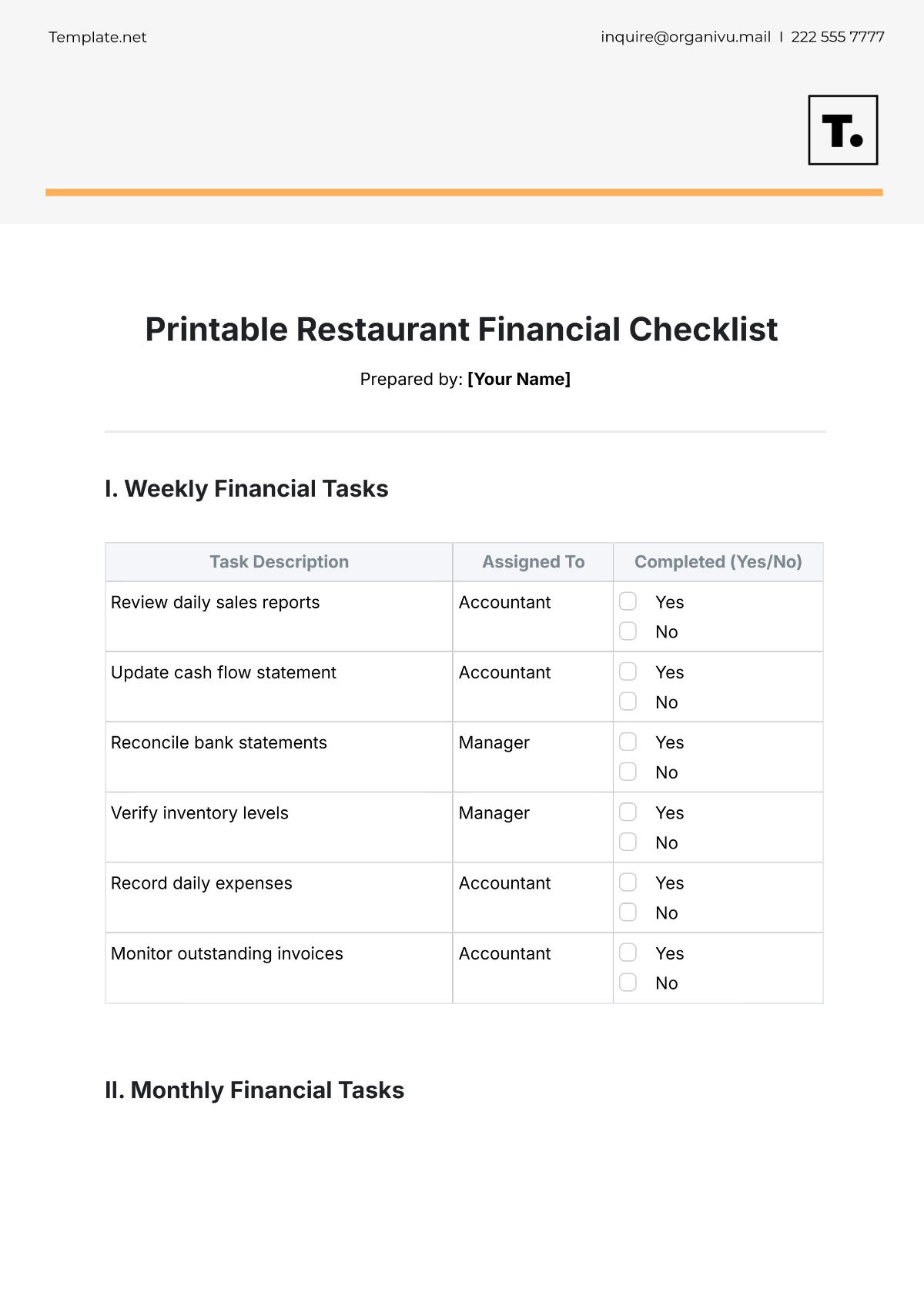 Printable Restaurant Financial Checklist Template - Edit Online & Download