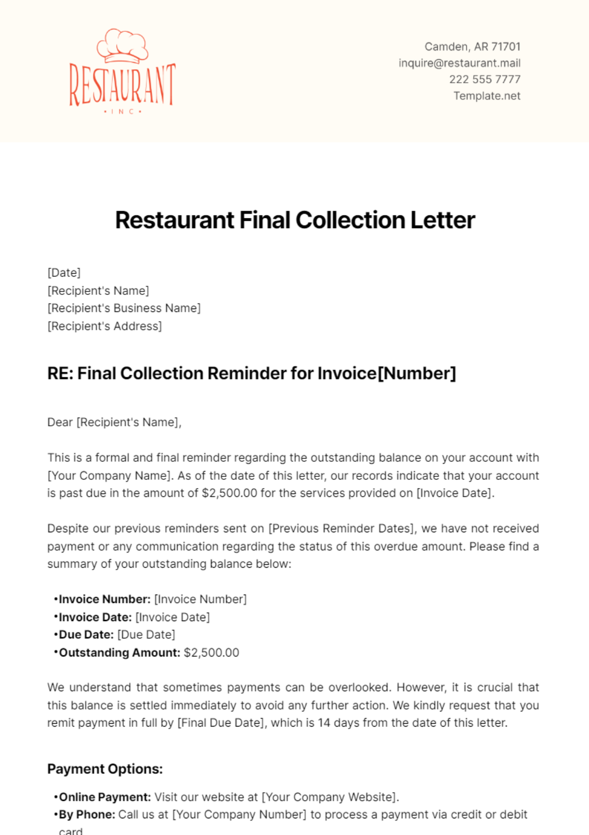 Restaurant Final Collection Letter Template - Edit Online & Download