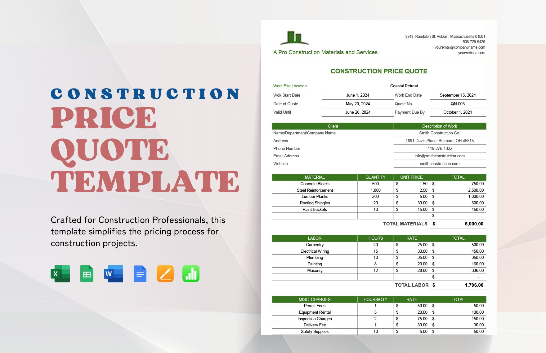 Construction Price Quote Template