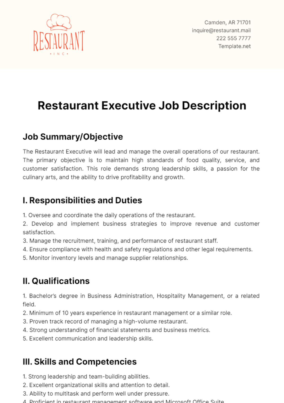 Restaurant Executive Job Description Template - Edit Online & Download