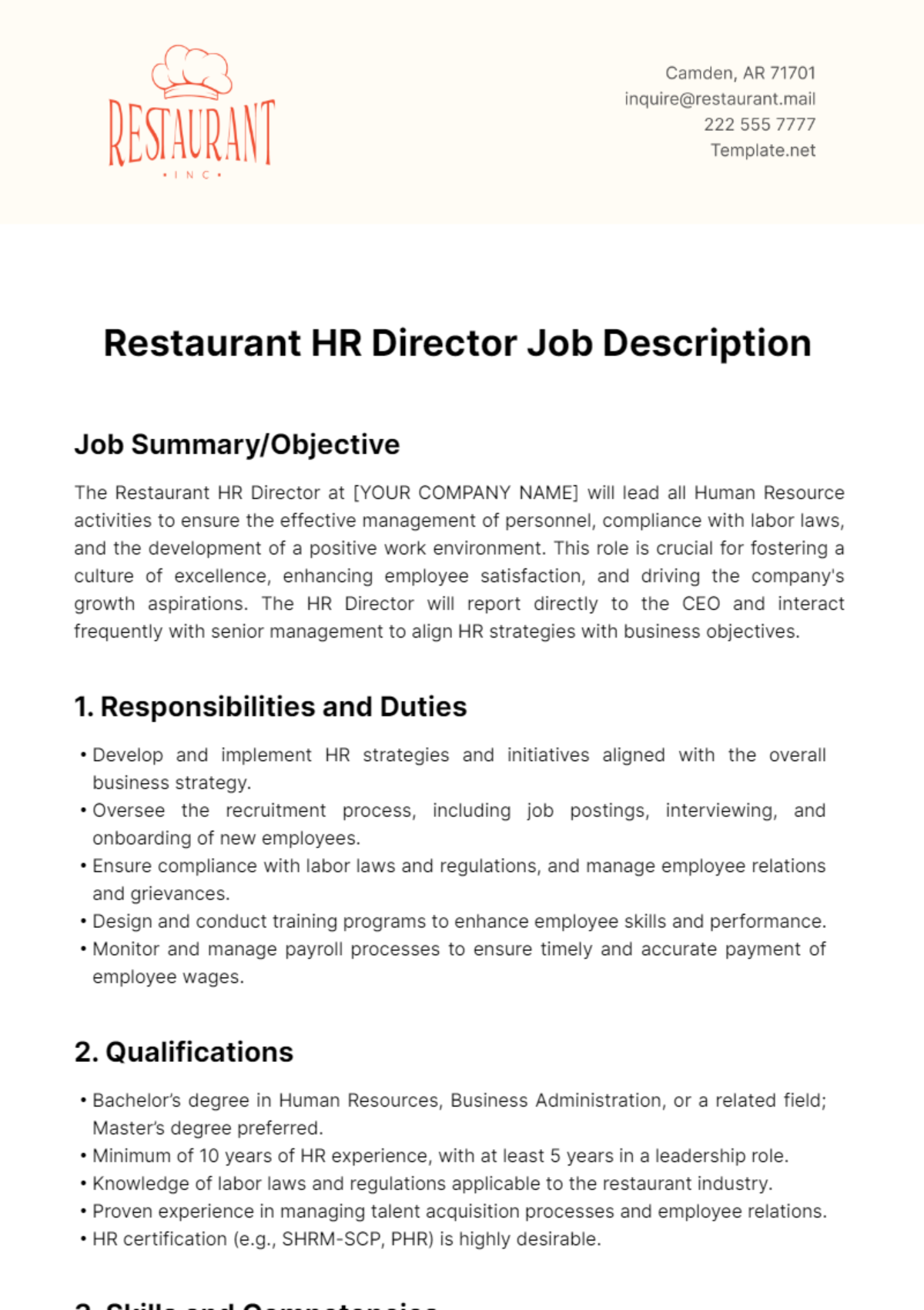 Restaurant HR Director Job Description Template - Edit Online & Download