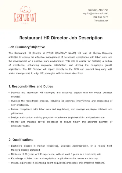 Free Restaurant HR Director Job Description Template to Edit Online