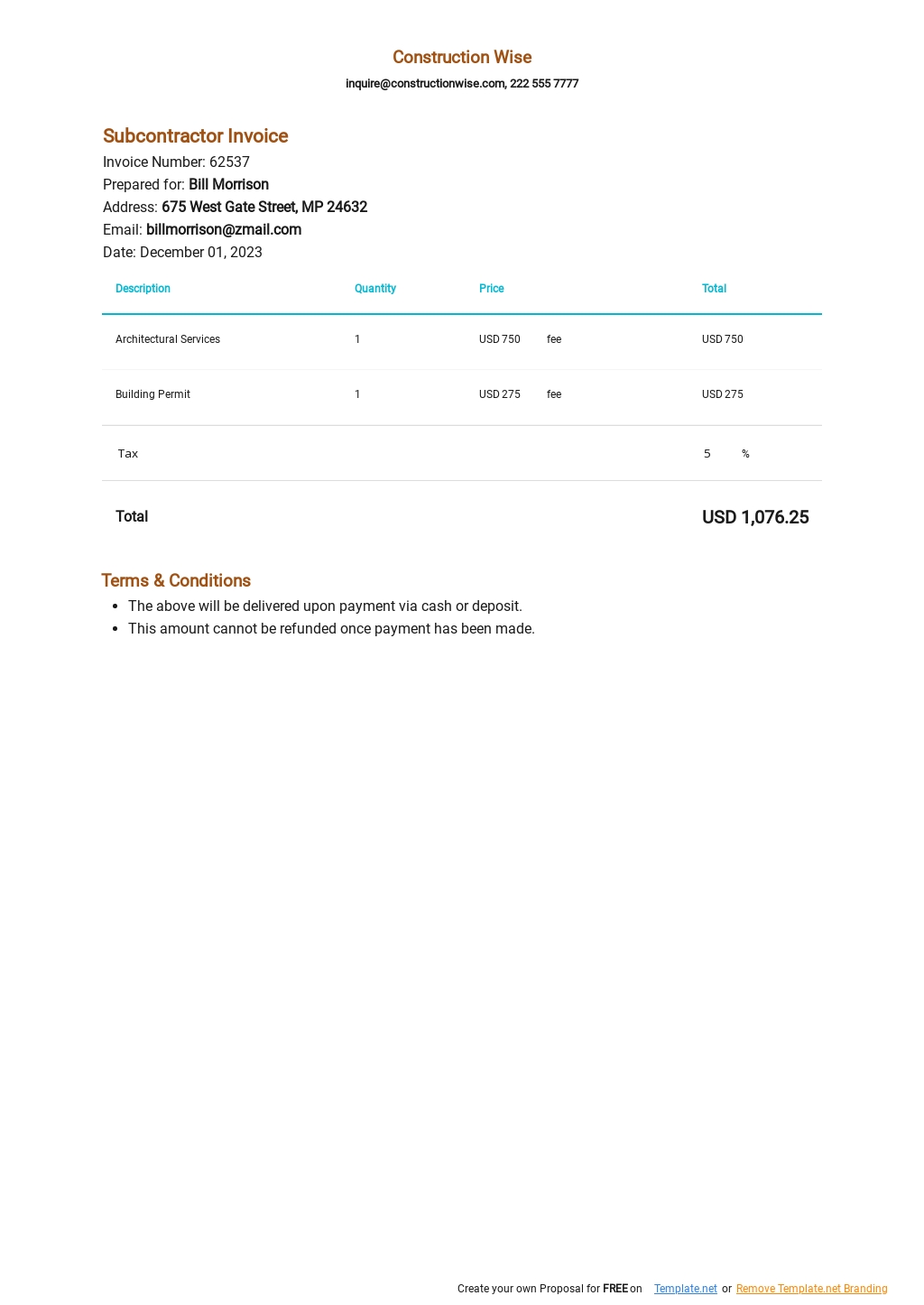 Free Subcontractor Invoice Template - prntbl.concejomunicipaldechinu.gov.co