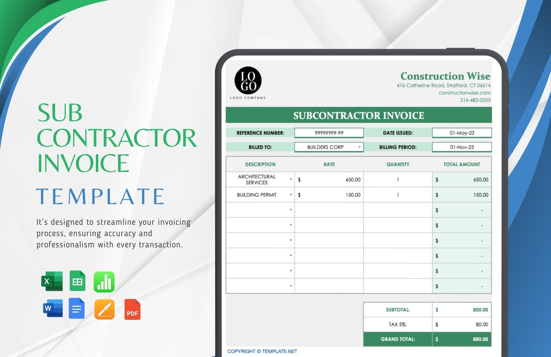Subcontractor Invoice Template in Word, Google Docs, Excel, PDF, Google Sheets, Apple Pages, Apple Numbers