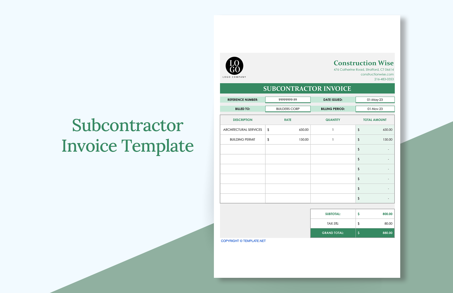 Subcontractor Invoice Template in Google Docs, Word, Apple Numbers, Pages, Excel, Google Sheets, PDF - Download | Template.net