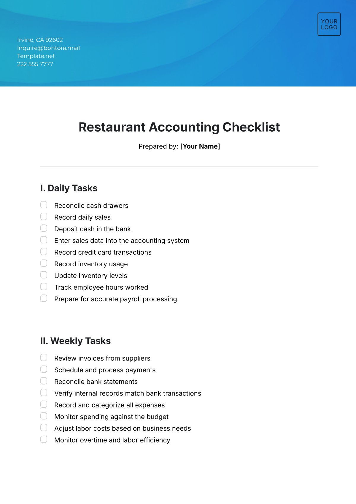 Restaurant Accounting Checklist Template - Edit Online & Download