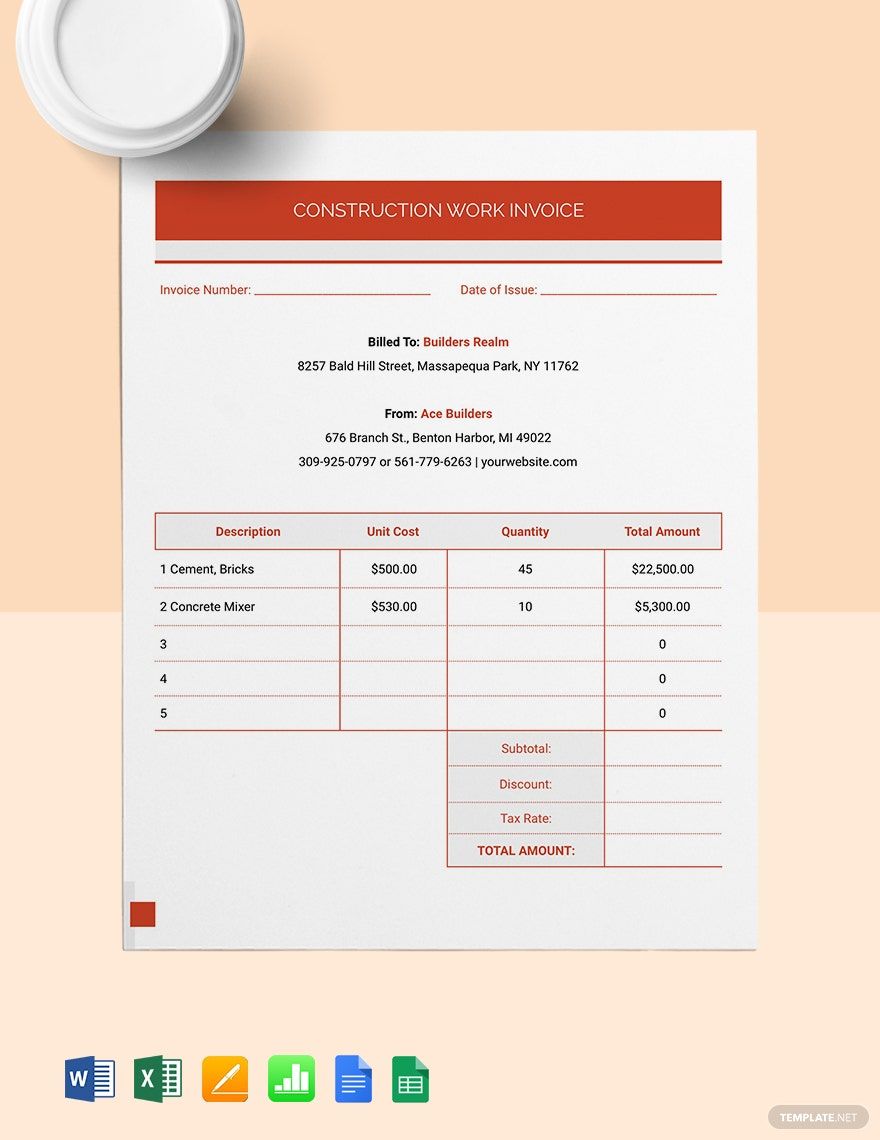 Construction Work Invoice Template in Google Docs, Google Sheets, Apple Numbers, Pages, Excel, Word - Download | Template.net