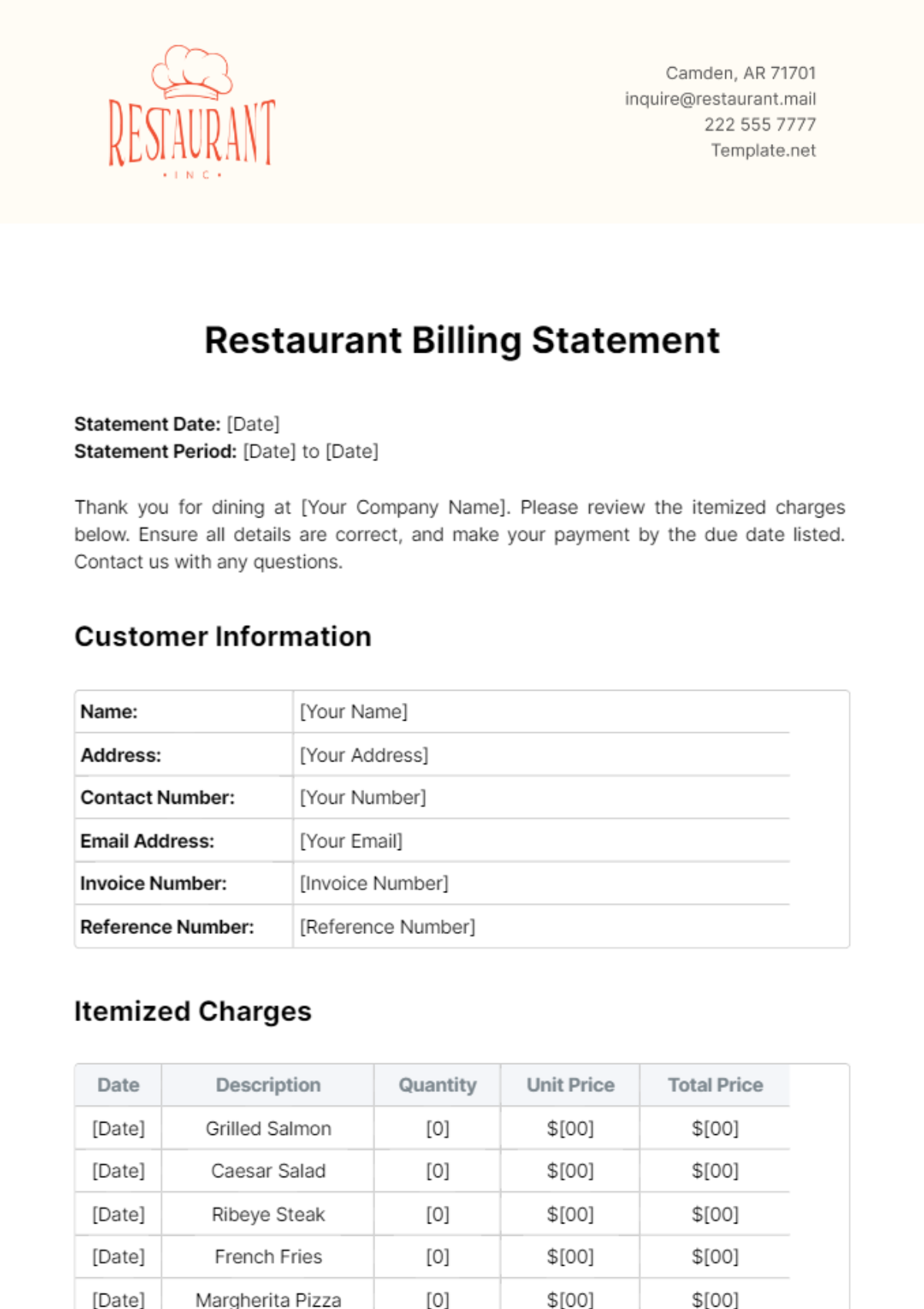 Restaurant Billing Statement Template - Edit Online & Download